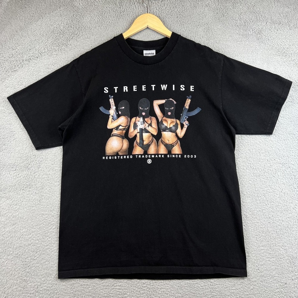 Streetwise Shirt Mens Large Black Balaclava Bikini Girls Graphic Tee Made USA